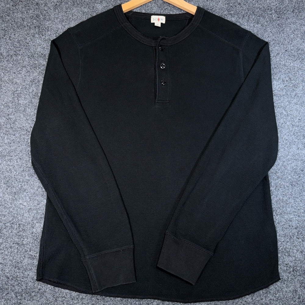 J.Crew Oarsman Henley Shirt Men Medium Black Waffle Knit Cotton Vintage Inspired